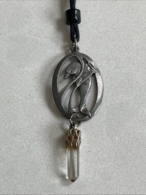 Artisan Crafted Silver Dolphin Pendant Necklace with Clear Crystal on black cord